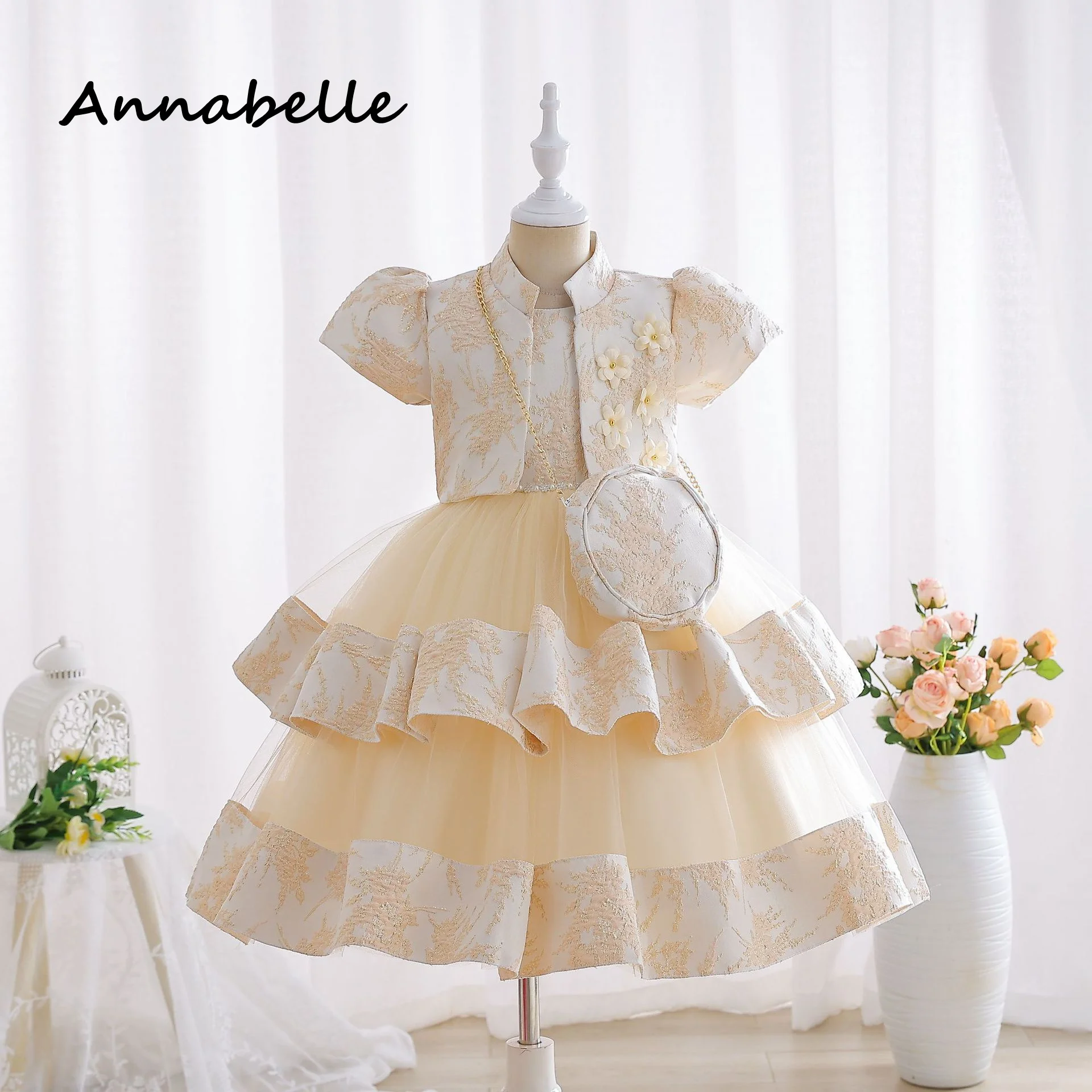 Annabelle Flower Baby Girl Bow Dress For Wedding Party Dresses Kids Bridesmaid Children Puffy Baby Clothes Princess vestidos