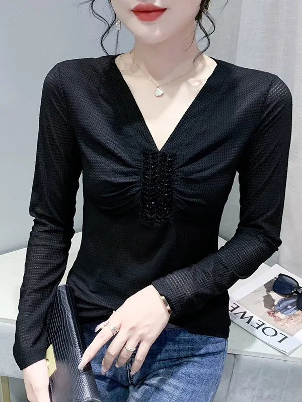 Fashionable V-Neck Long Sleeve Mesh Base Shirt Women's Slim Fit T-Shirt Design Sensation Autumn Winter New Arrival Base Layer...