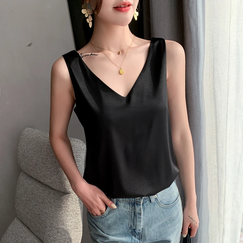 Ladies Silk Suspenders Solid Satin Vest Spring Autumn 2022 New Wild Pullover Tops Women Interior Front/Rear V-Neck Summer Thin