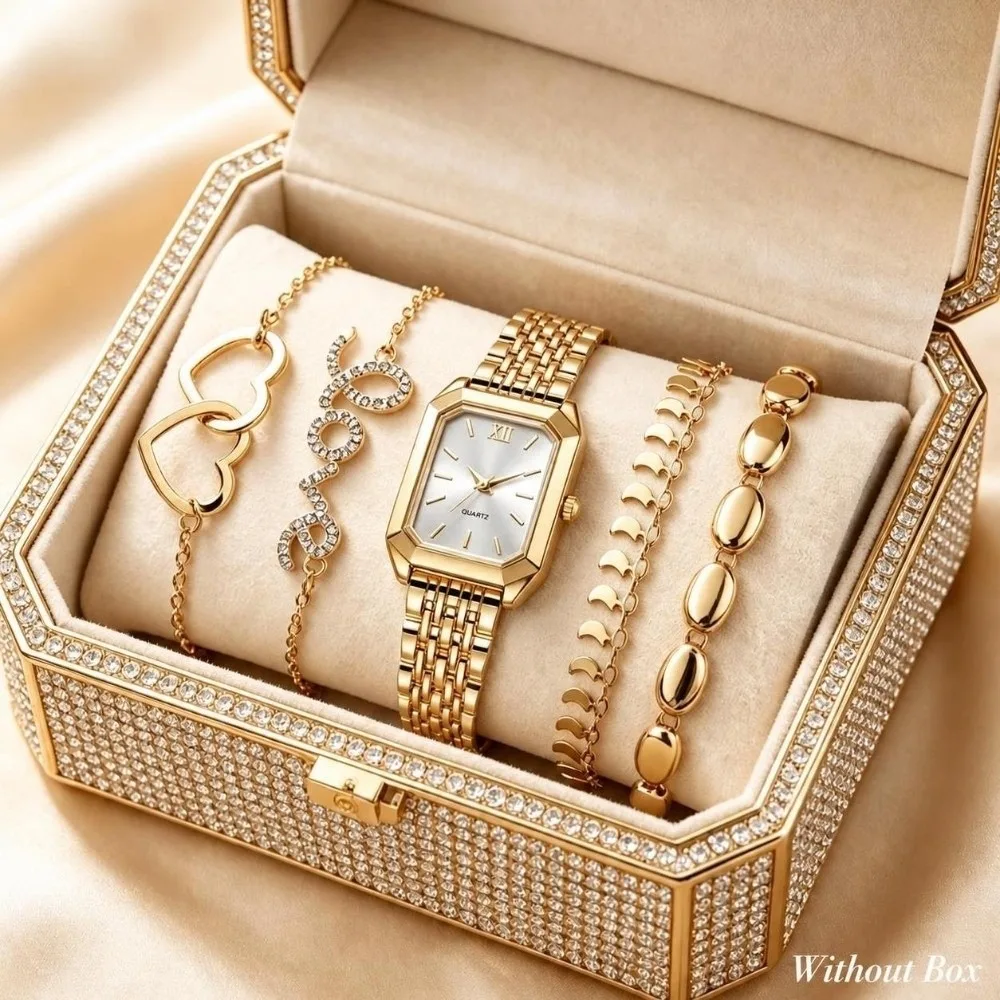Quartz Movement Women Quartz Watch Stainless Steel Strap Rectangle Dial Rhinestone Bracelet Set Roma Dial Design