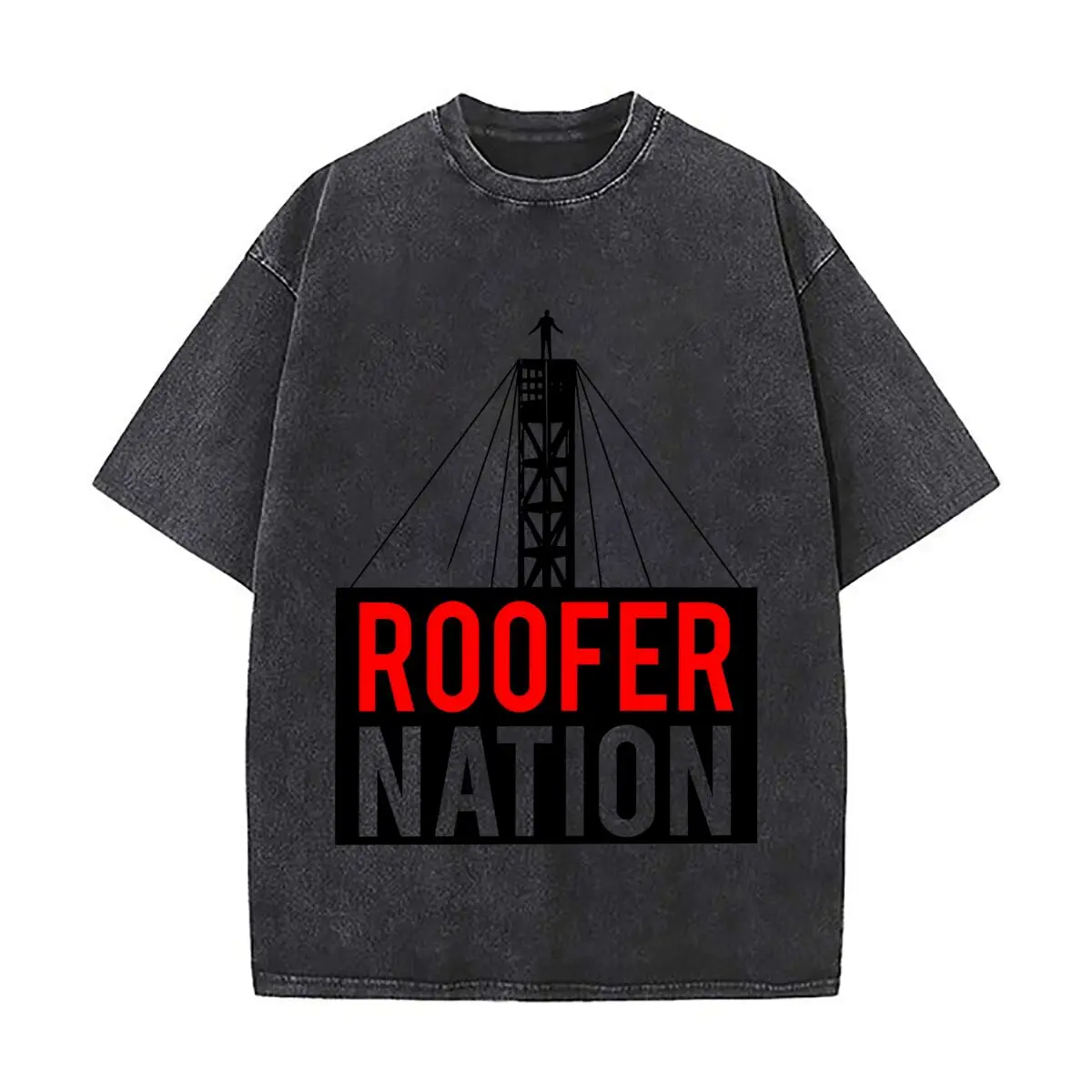 Roofer Nation Work Art Trendy Washed Distressed Solid Short Sleeve Vintage Street Top