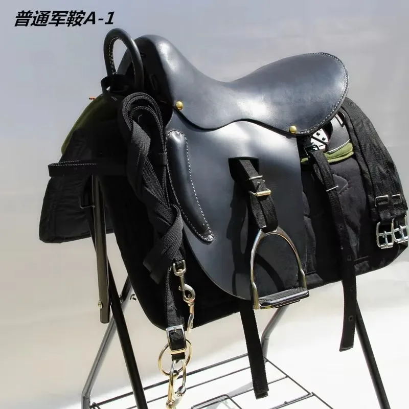 New Pommel Complete Cowhide Riding Saddle Stitched Genuine Leather Military Saddle Horse Harness For Medium Large Slim Horses