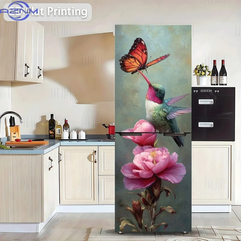 Printing: A Hummingbird and Butterfly Admiring Flowers Together Decorative Sticker - Wall Decal, Suitable for Walls and Refri