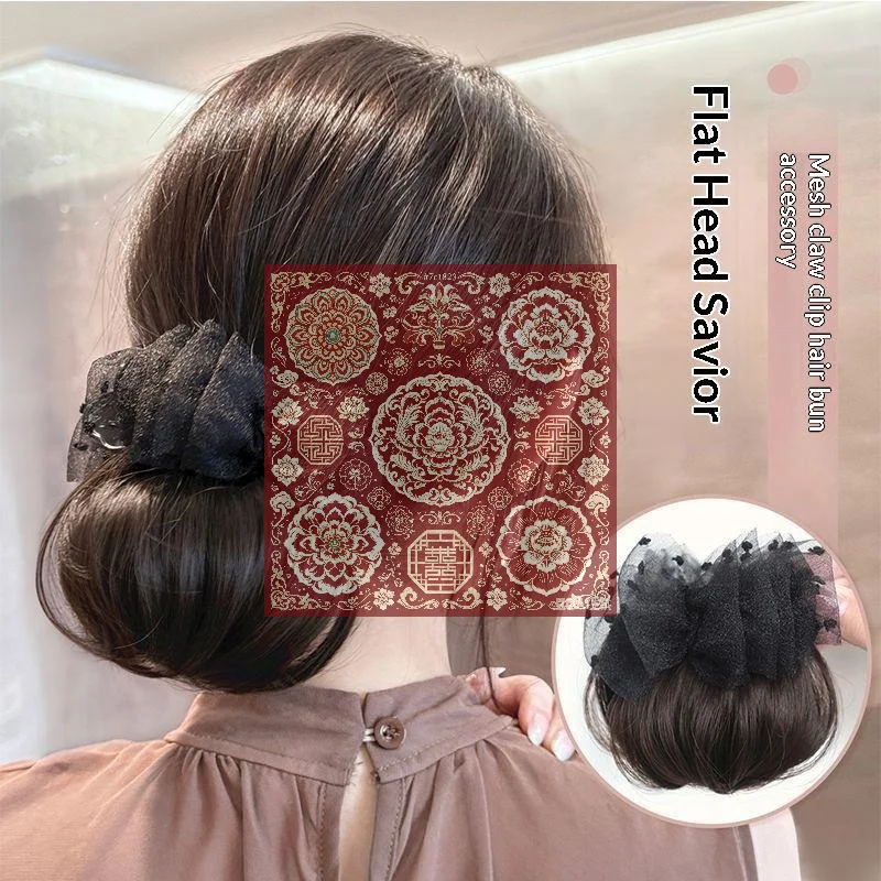 Synthetic Hair Bun Extensions Wig Claw Clip Bun Hairpiece With Tulle Decoration Balletcore Duckbill Clip Hair Bun