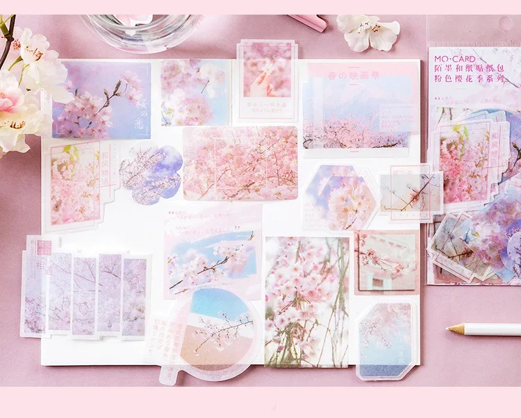 Bronzing Washi Paper Stickers Pink Cherry Blossom Sakura Season Series Ins Style Handbook Decorative Stickers Pack