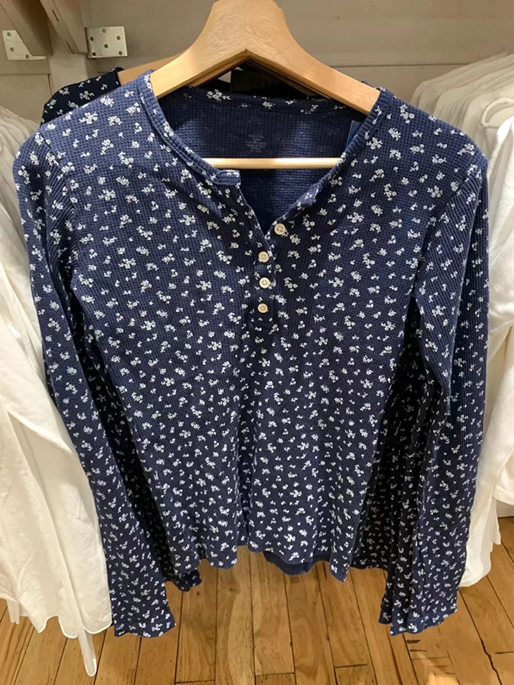 Floral Buttons Slim Long Sleeve T Shirt Spring Round Neck Navy Waffle Cotton Tees Clothes Women Cute Preppy Style Sweet Tops Y2k