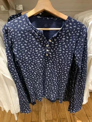 Floral Buttons Slim Long Sleeve T Shirt Spring Round Neck Navy Waffle Cotton Tees Clothes Women Cute Preppy Style Sweet Tops Y2k