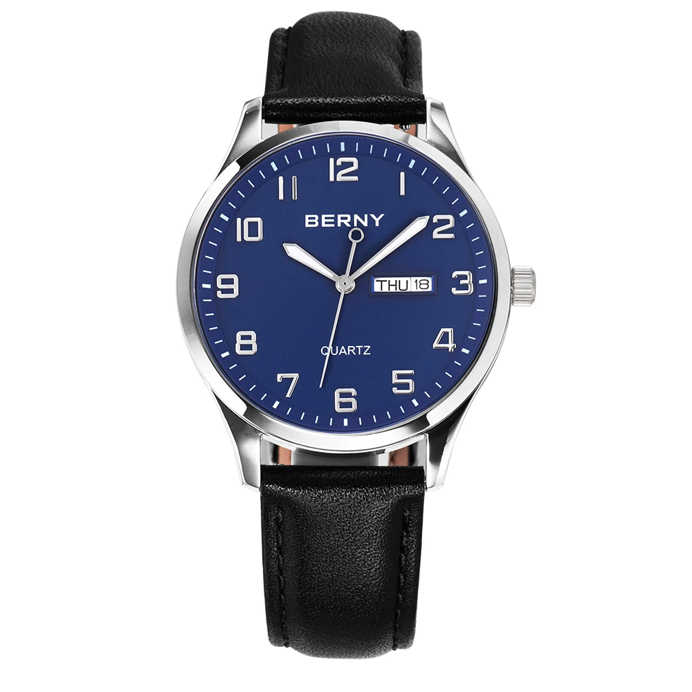 BERNY Quarz-Herrenuhr Miyota 2105 Top Day&Calendar Echtleder Klassisch 3ATM Wasserdicht Herren-Armbanduhr für Business-Männer