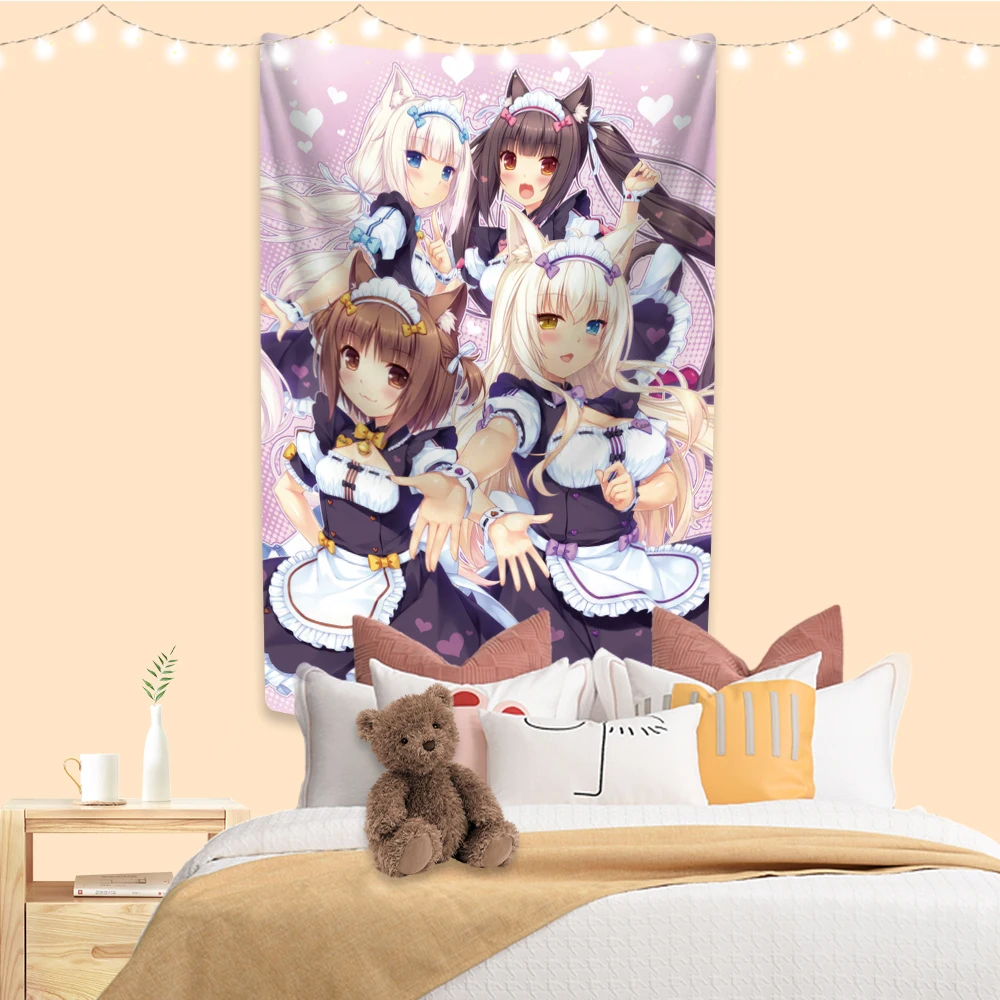 XxDeco Kawaii Anime Tapestry Nekopara Printed Cute Wall Hanging Room Decor Large Fabric Of Dorm Backdrop Cloth Sofa Blanket