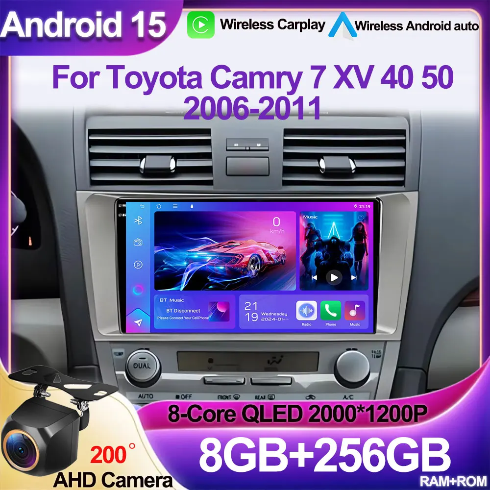 Carplay أندرويد 15 راديو السيارة الوسائط المتعددة مشغل فيديو لتويوتا كامري 7 XV 40 50 2006-2011 الملاحة نظام تحديد المواقع رئيس وحدة واي فاي BT 2din