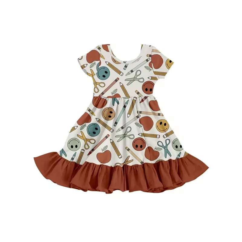 Boutique ABC Girls Back to School Dress Clothing Apple Pencil Printed Summer Short Sleeve Dress