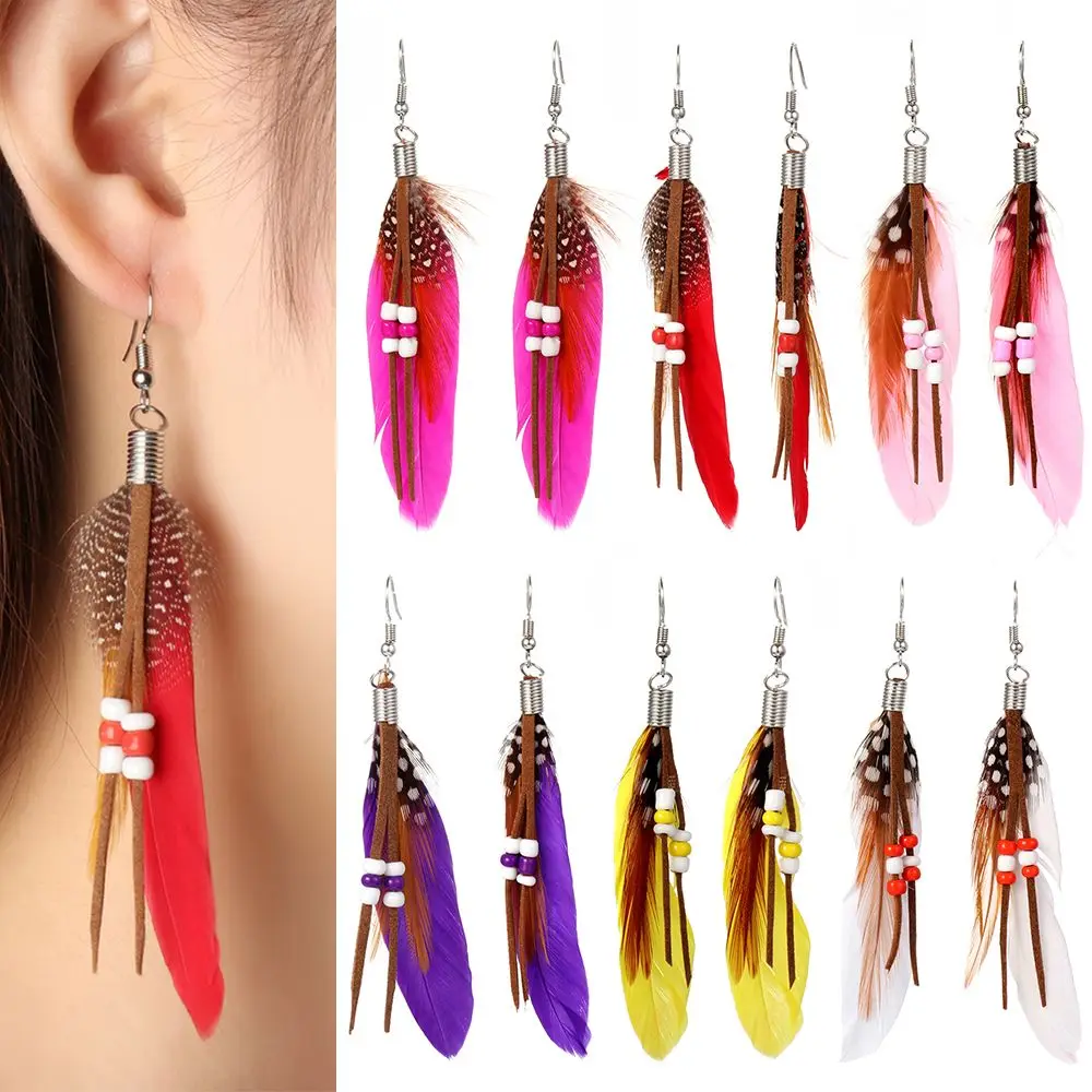 Jewelry Boho Vintage Ethnic Women Female Feather Dangle Drop Earrings Golden Silver Rainbow Beads