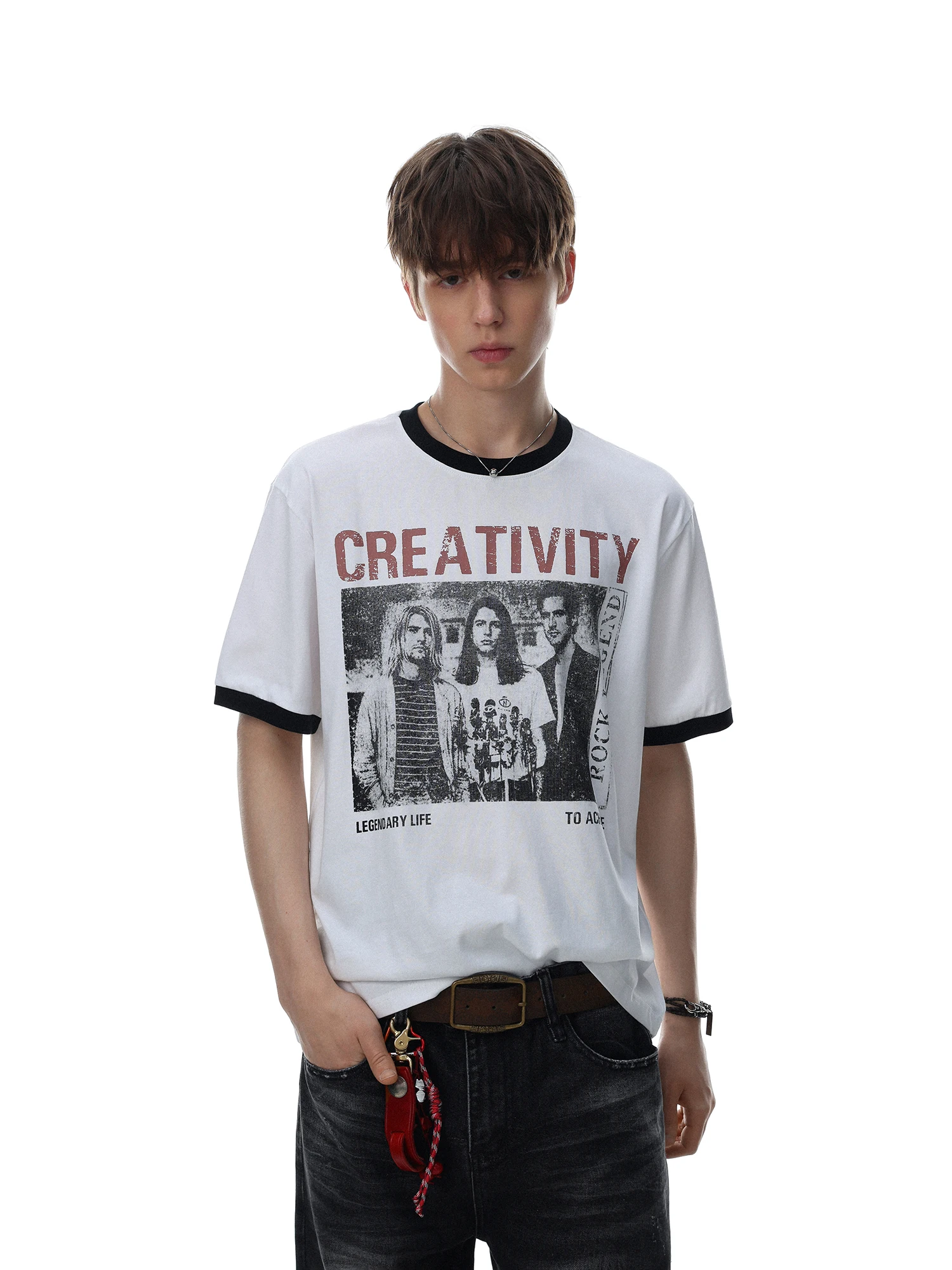 American Retro Streetwear Printed Loose Men's T-shirt Short Sleeve Shoulder-Drift Style Comfortable Breathable Cotton Top