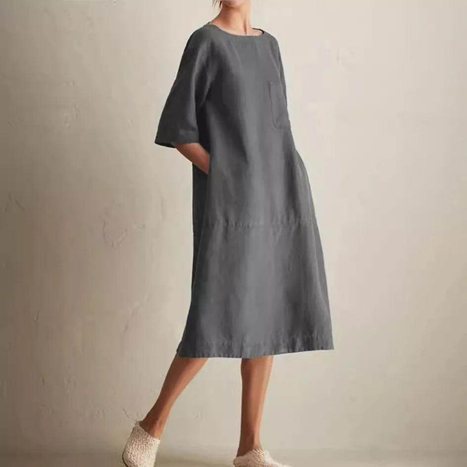 

Elegant Women's Casual Loose Dresses 2025 Spring/summer Women Cotton Linen Pocket Dress Długie Sukienki Vestido Longo Robe Femme