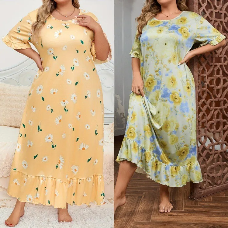 Printed Pullover Dress Mid Waist Casual with Long Dress Ruffled Sleeve Ruffle Detail Round Neck Maxi Length Home Wear for Women