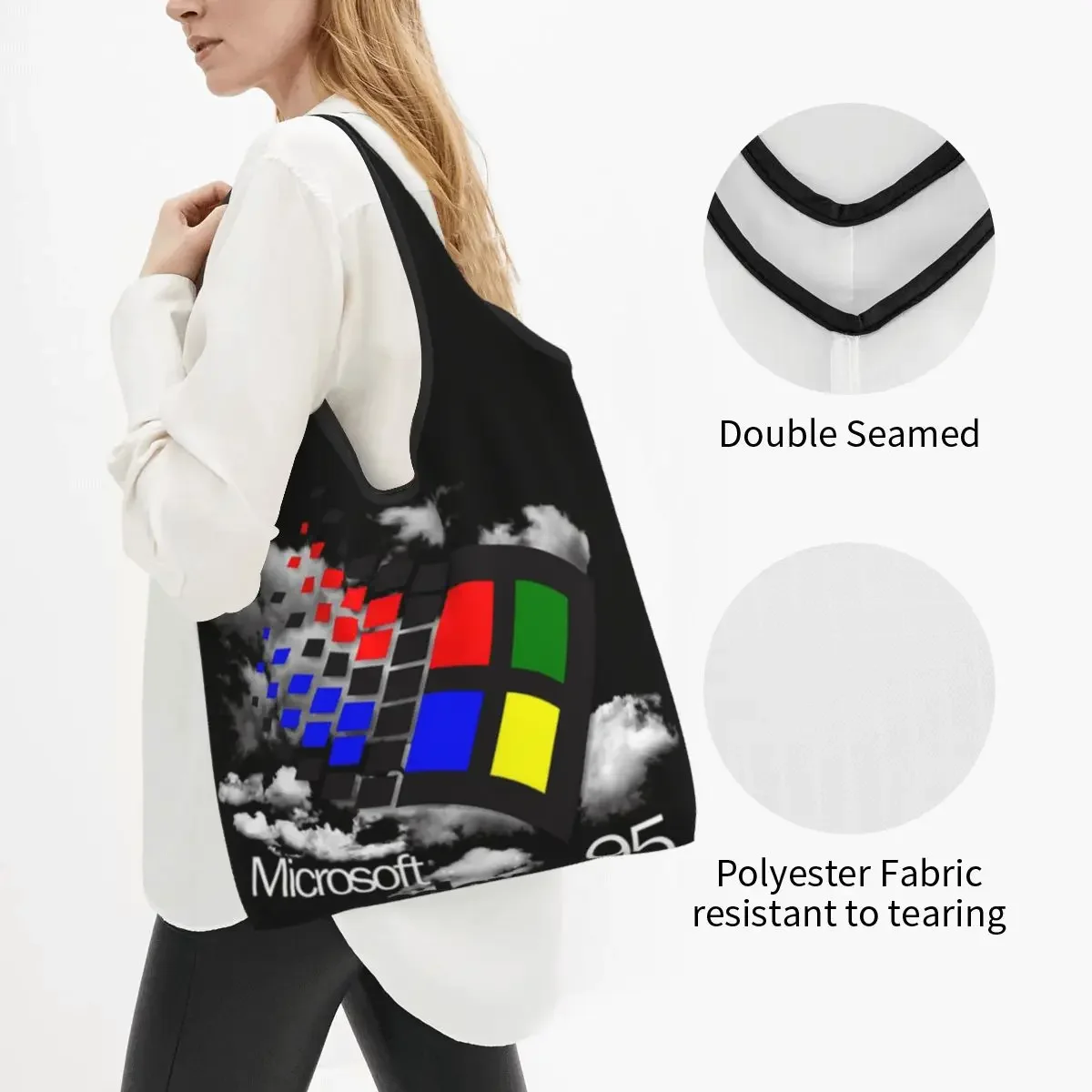 Windows 95 Geeks Nerd Mesh Portable Tote Shopping Bags Reusable Shopper Bag Groceries Handbag Shoulder Bag