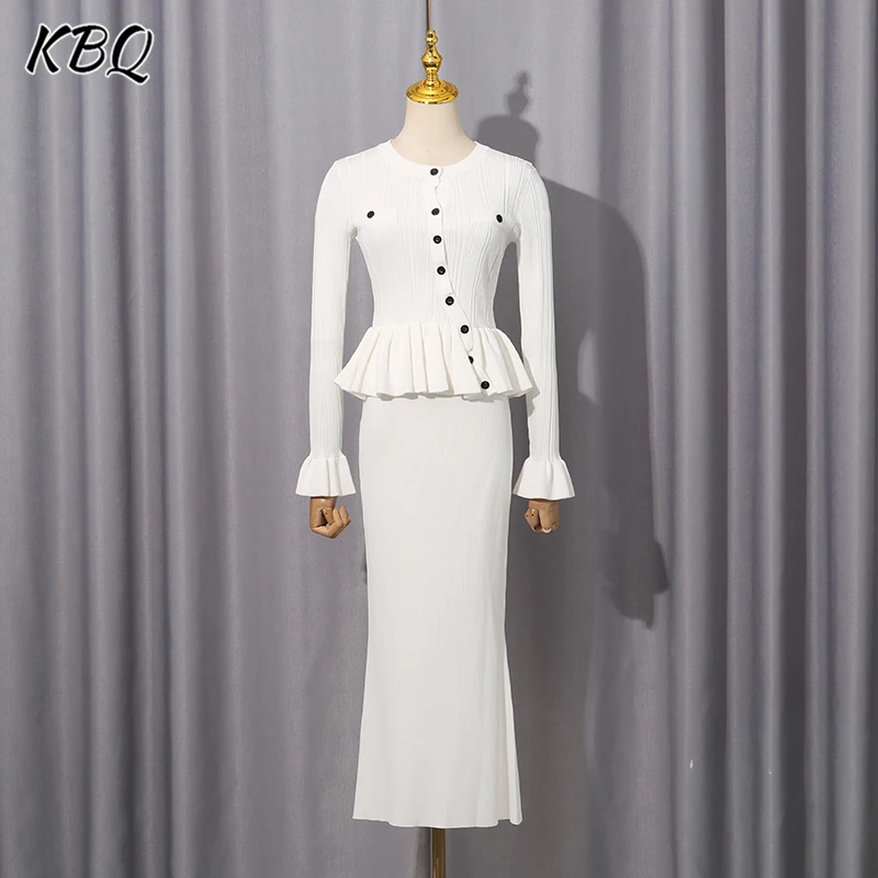 

KBQ Solid Two Piece Sets for Women Round Neck Long Sleeve Ruffles T Shirts High Waist Slimming Skirts Elegant Set Female Fashion