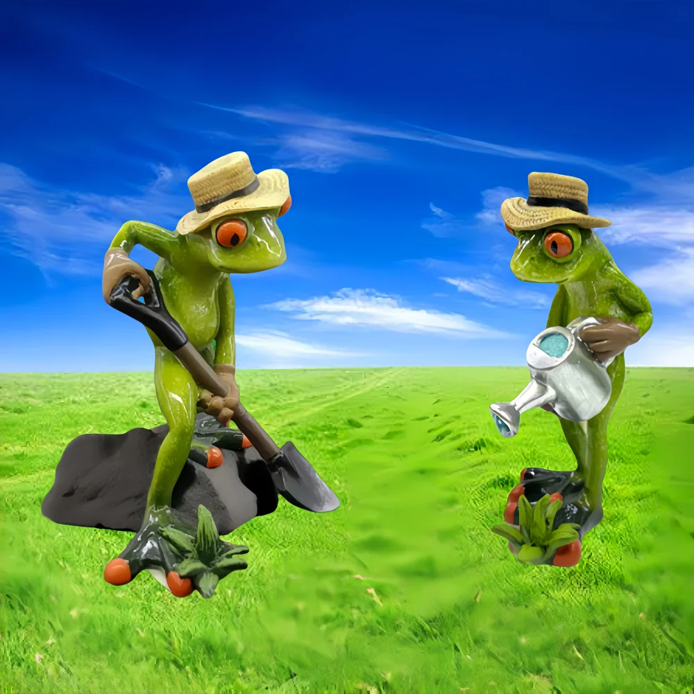 Funny Shovel Frog Sculpture Garden Potted Plant Decoration Accessories Resin Animal Figurines Cute Frog Statue Home Decoration