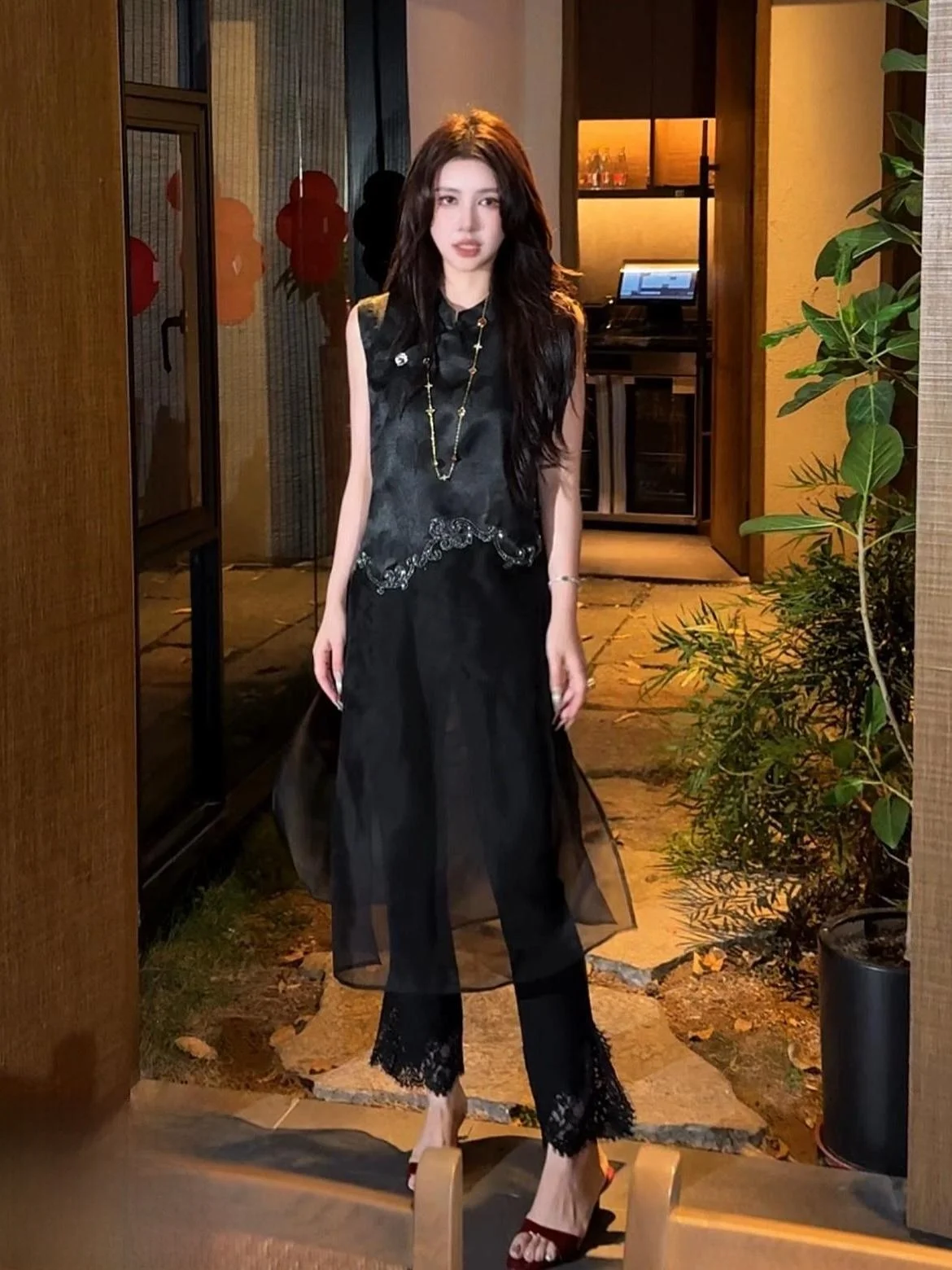 

Elegant plus Size Black Lace Splice Dress Casual High Waist Summer Fashion Slimming Trendy Chinese National Style Women's Dress