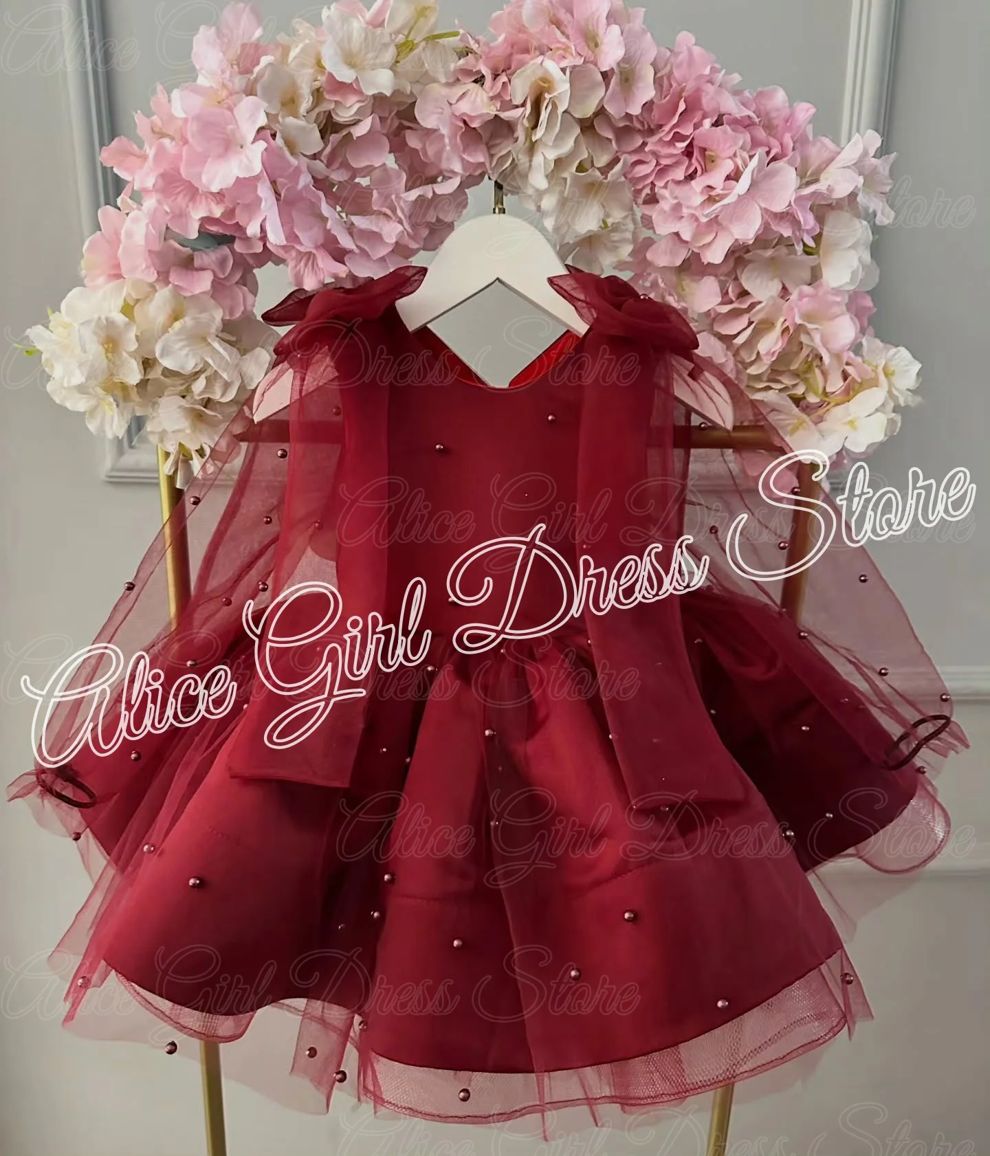 Customized Burgundy Flower Girl Dress for Wedding with Bows Beaded Knee Length Girl Kids First Communion Pageant Birthday Gowns