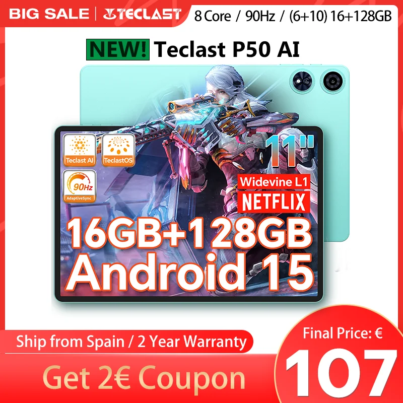 【New】 Android 15 tablet Teclast P50AI 11 inch 90Hz (6GB + 10GB )Max.16GBGB RAM 128GB LPDDR5 1280x800 AllWinner A733-AI octa-core 7000mAh battery Wifi-6 BT 5.4 AI tablets PC