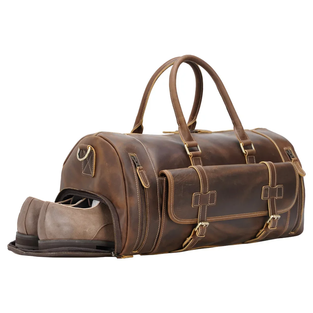 Factory Supply Latest Design Top Grain Crazy Horse Leather Travel Duffle Bag Overnight Bag With Shoe Compartment