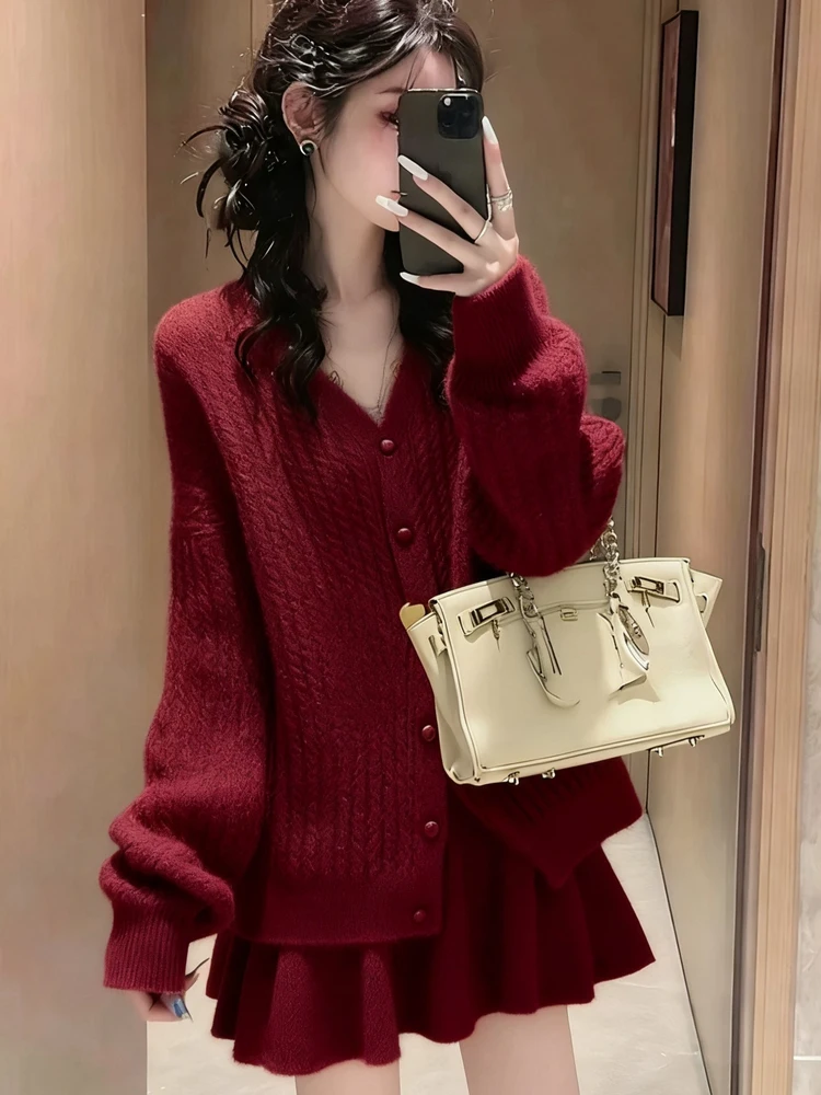 السيدات V-Ne محبوك سترة وتنورة ort قطعتين مجموعة عادية Sle الترفيه Faion التخسيس الألوان المتناقضة الخريف ث...