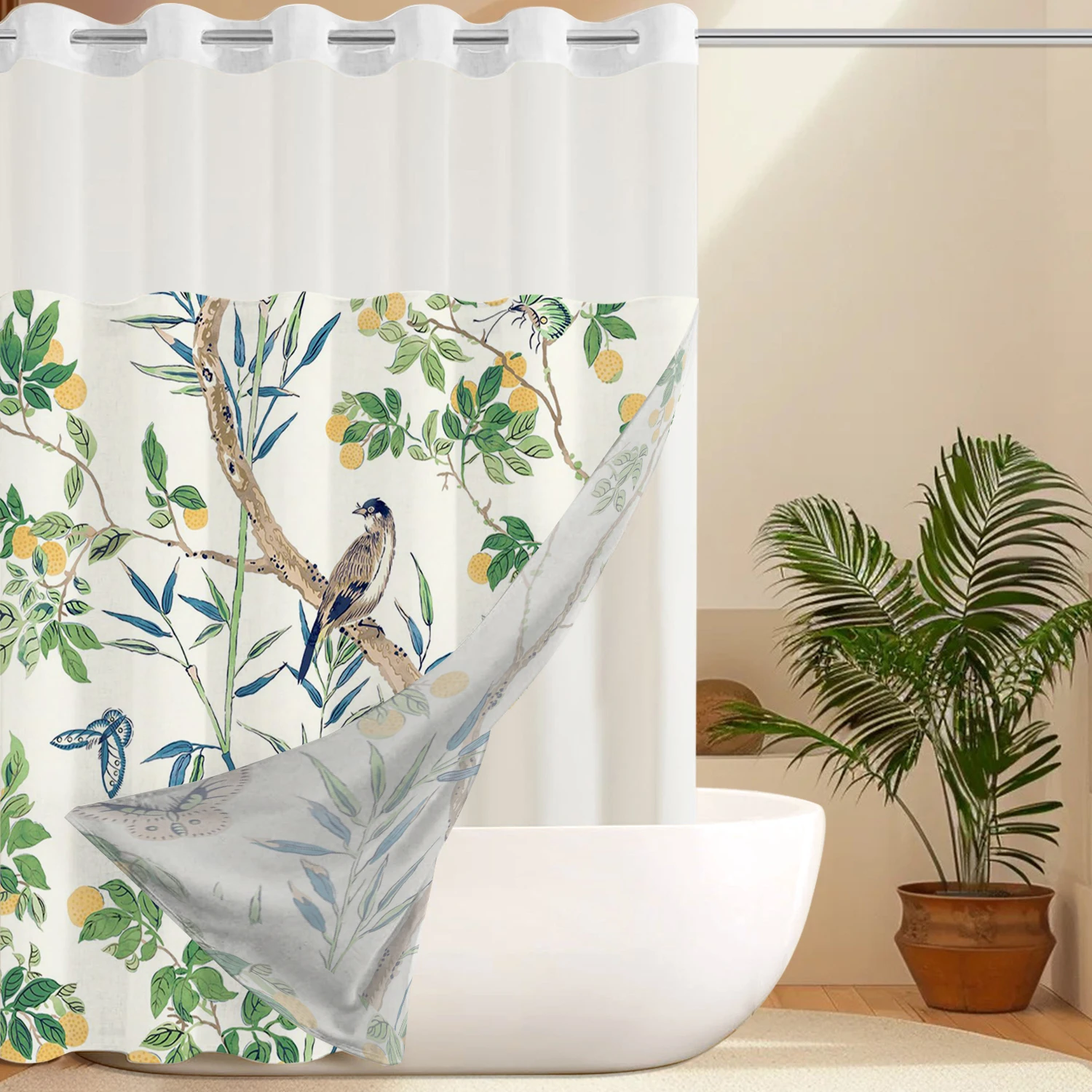 

No Hook floral pattern Shower Curtain With Snap-in Fabric Liner, Sheer Top Window, Waterproof Double Layer Bathtub curtain