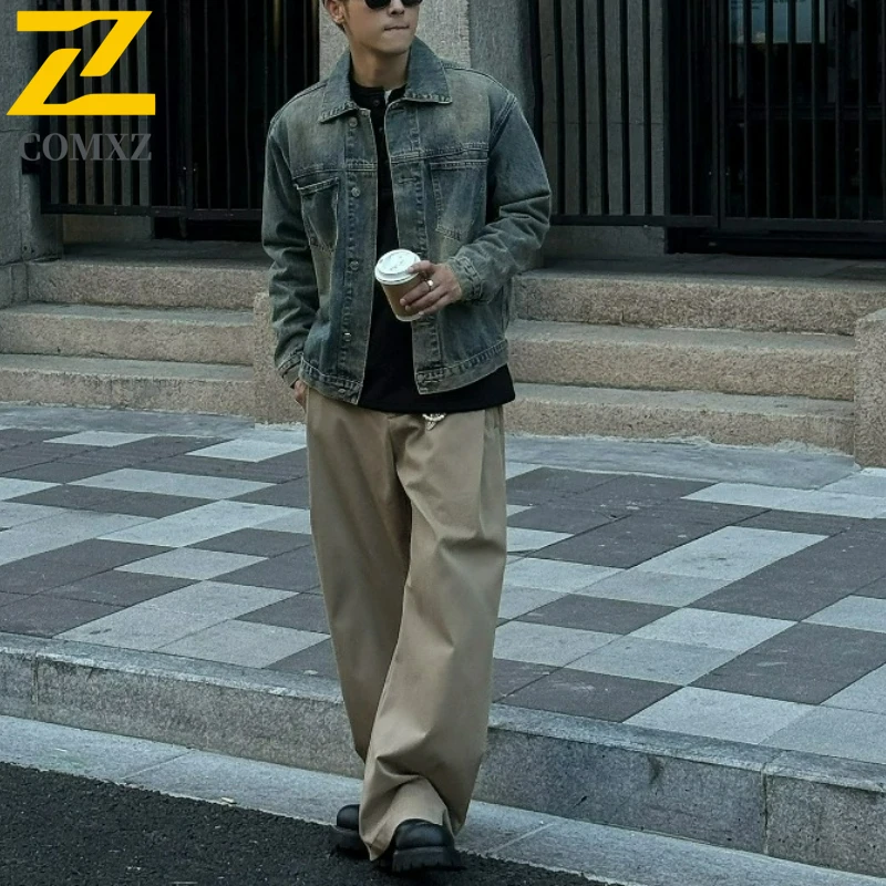 

COMXZ Mens Cotton Denim Jacket Autumn New Leisure Workwear Motorcycle Coat High-end American Fashion Blue Washed Denim Jackets