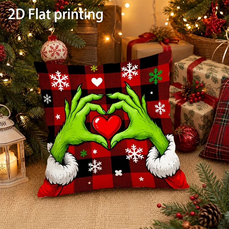 Christmas Throw Pillow Cover, 2D Flat Print, Green Hand Make Heart Pattern, Red Black Buffalo Plaid Snowflake Cushion Case for