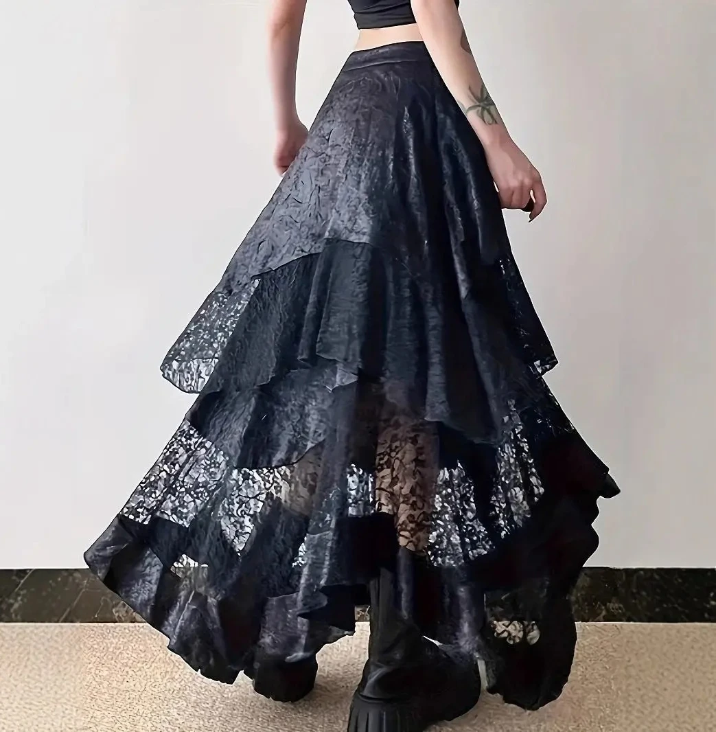 

Готическая винтажная черная юбка в стиле Y2K с кружевом, асимметричная юбка во французском стиле, элегантная повседневная юбка, женский дизайн, шик