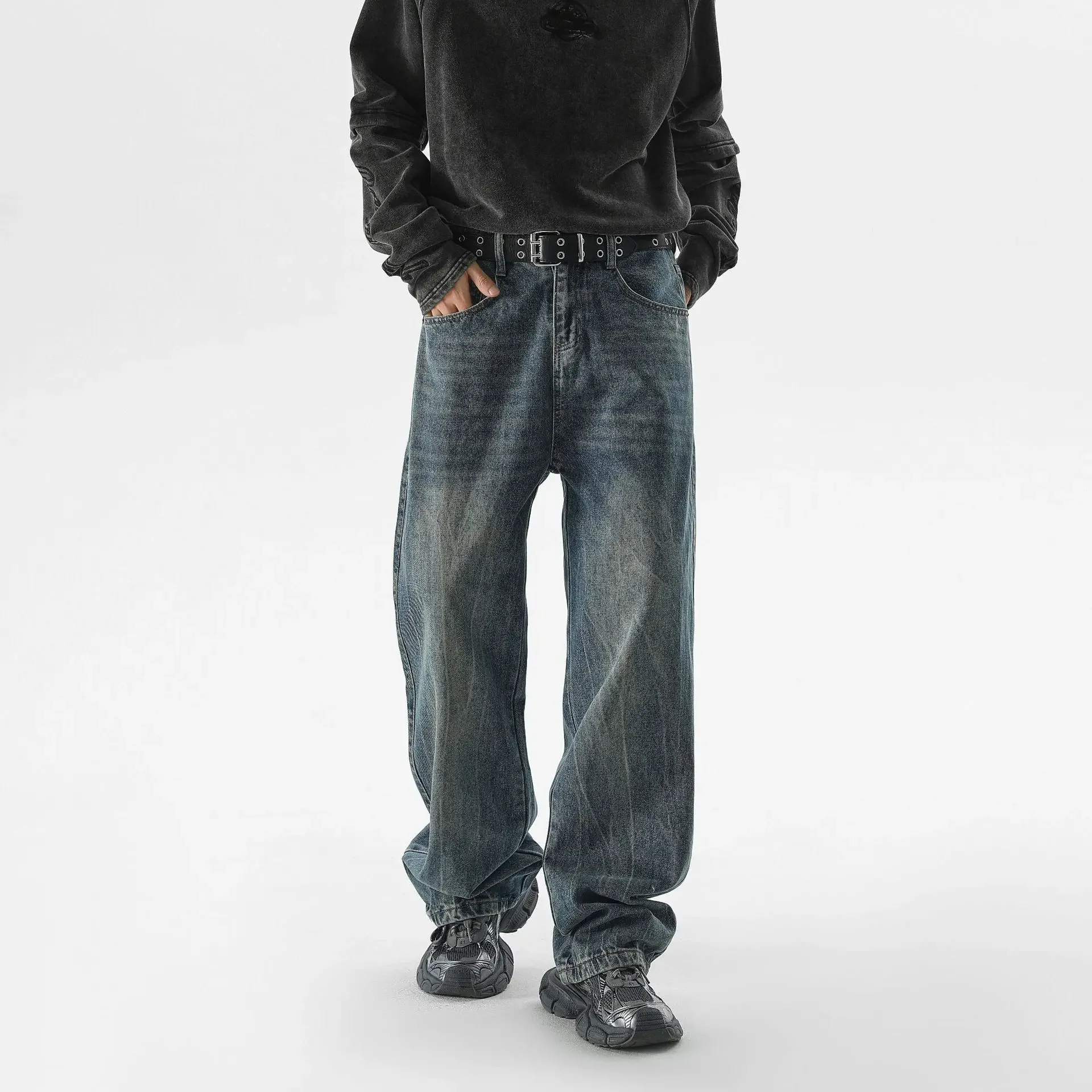 2025 New Men's Vintage Wide Legs Jeans Korean High Street Casual Washed Distressed Baggy Straight Trousers Japanese Streetwear