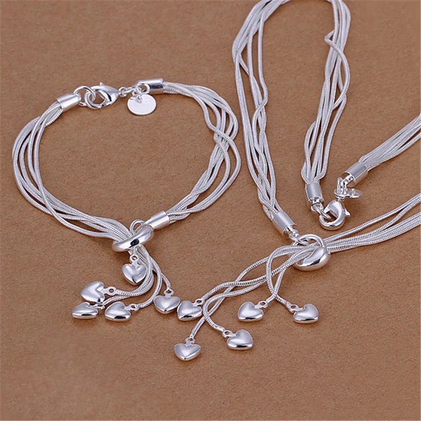 

925 Sterling Silver romantic tassels hanging heart Bracelets necklace for Women Christmas Gift fashion Party wedding Jewelry set