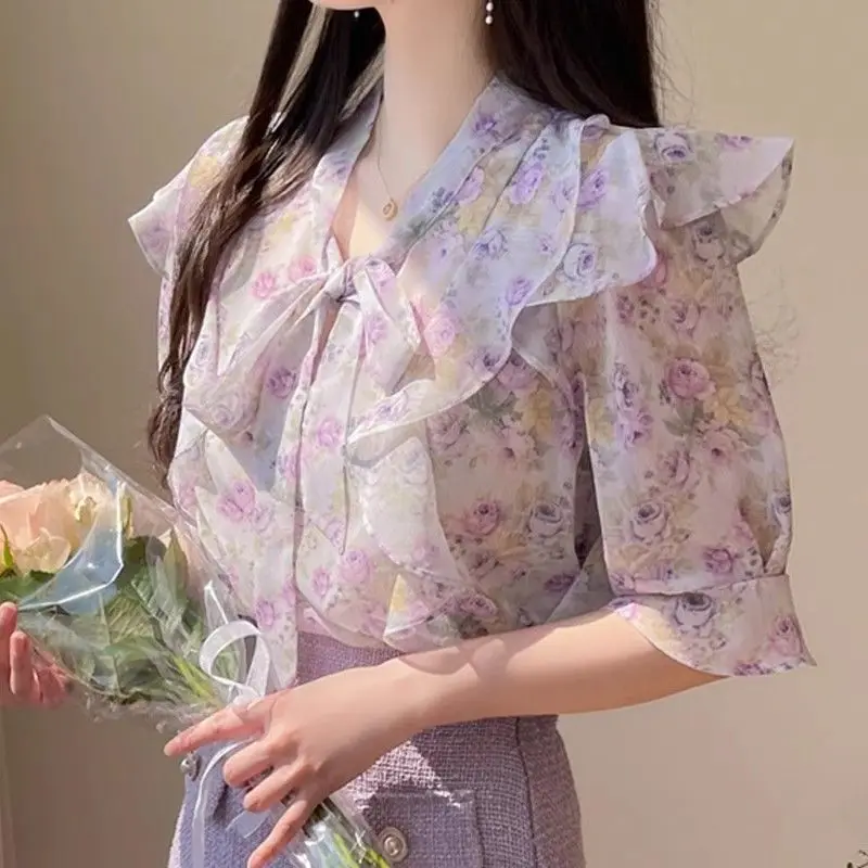 Floral Bowknot Chiffon Women's Short Sleeve Summer Ruffle Hem Printed Blouse