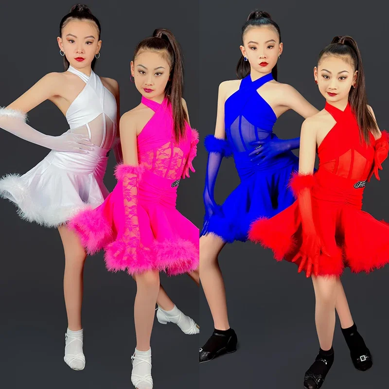 

New Girls Latin Dance Dress Performance Clothes Feather Dress Gloves Suit Kids Cha Cha Rumba Dance Competition Clothing DNV19616