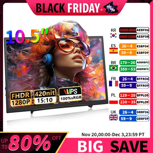 Imagen 1 del producto Monitor portátil de 10,5 pulgadas, 1280P, 100% SRGB, 420cd/m2, con altavoces duales, interfaz Mini HDMI para ordenador portátil, consola de juegos PS4