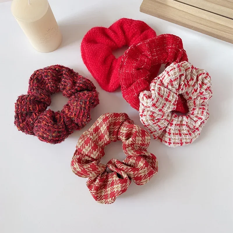 Red Plaid Hair Rope Celebration New Sticky Ball Head Large Intestine Circle Not Damaging Hair,Horsetail Twist Hair,College Style