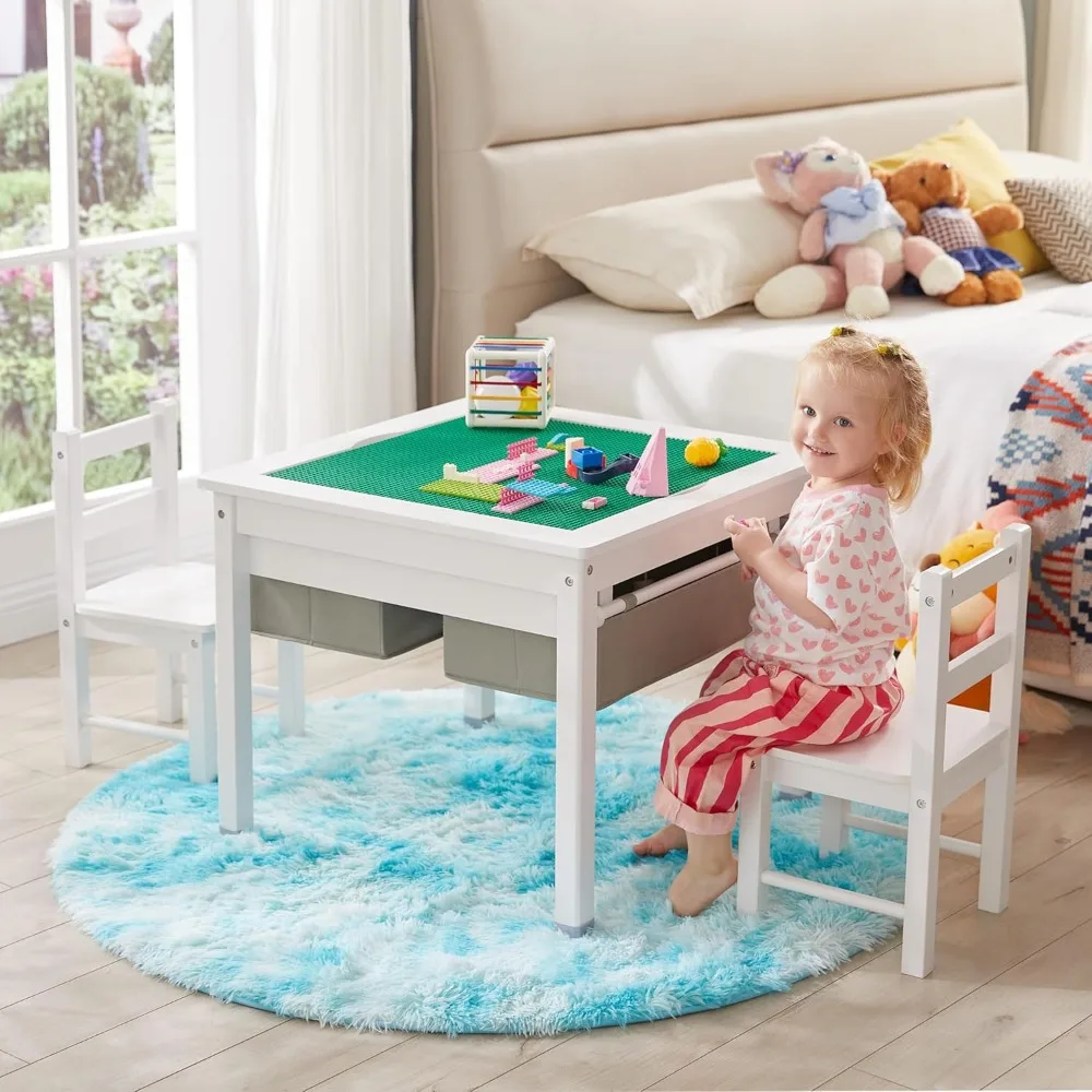 3 in 1 Kids Table and 2 Chairs Set with Storage , Toddler Construction Play Table with Detachable Blocks and Blackboard Tabletop