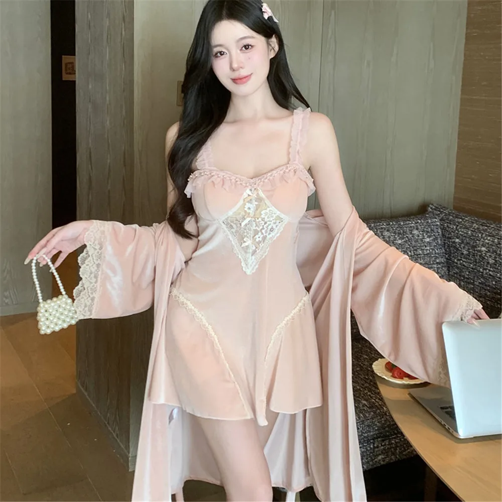 

Velvet Women Autumn Winter Sleepwear Robe Nightdress Casual Nightwear Loose Home Clothes Lace Trim Sleep Set