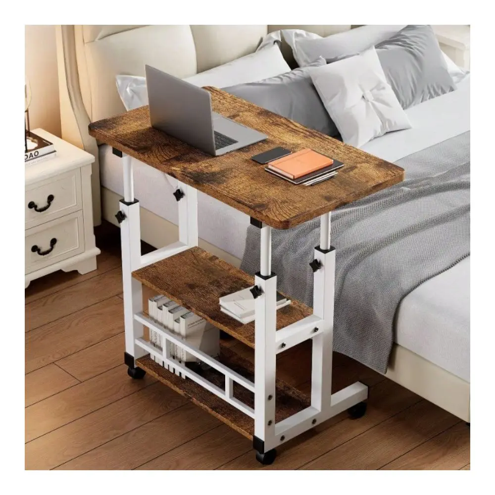 Metal Folding Desk With Wheels Storage Shelf, Height Adjustable Expandable Desktop, For Laptop, Study, Office Work, Rolling Com