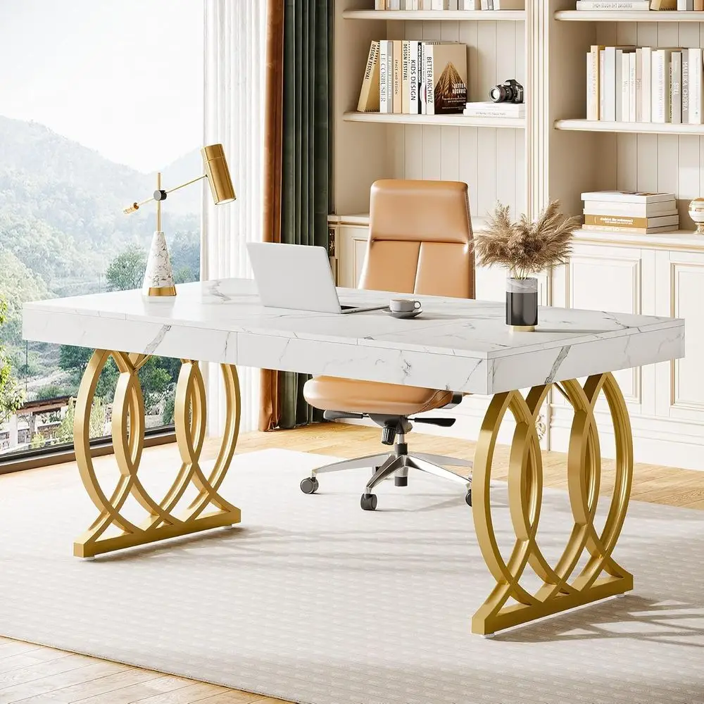 

Elegant 63 White & Gold Office Desk with Modern Legs for Executive Workspaces and Meetings