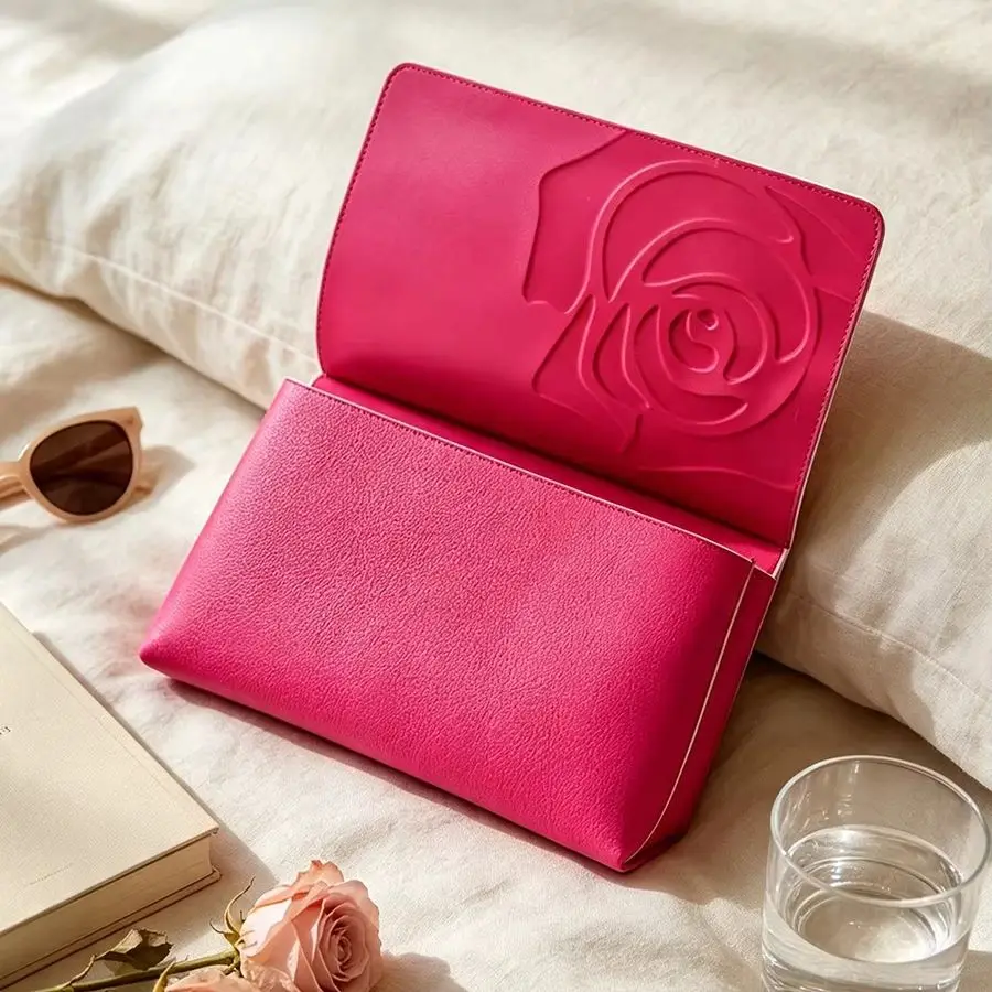 Lancome PU Cosmetic Bag Bright Magenta Color Embossed Large Rose Pattern Full Surround Zipper Large Capacity Travel Toiletry Bag