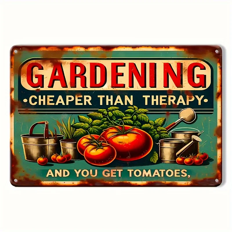 Weatherproof Metal Vintage Gardening Sign - Cheaper Than Therapy Quote with Tomato Graphics Wall Mountable Decorative Plaque for