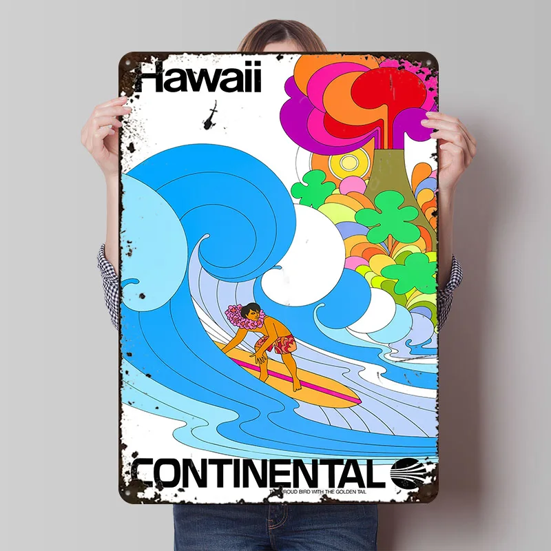 Hawaii Continental Surfing Retro Metal Poster Customized Wall Art Retro Vintage Tinplate Signs for Man Cave Decoration Room Home