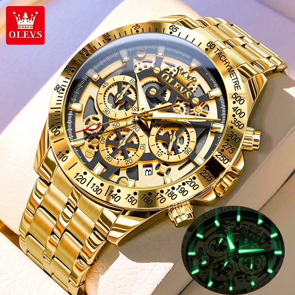 Top Brand Original OLEVS Luxury Quartz Men\'s Watches Waterproof Gold Stainless Steel Fashion Skeleton Watch for Men Business