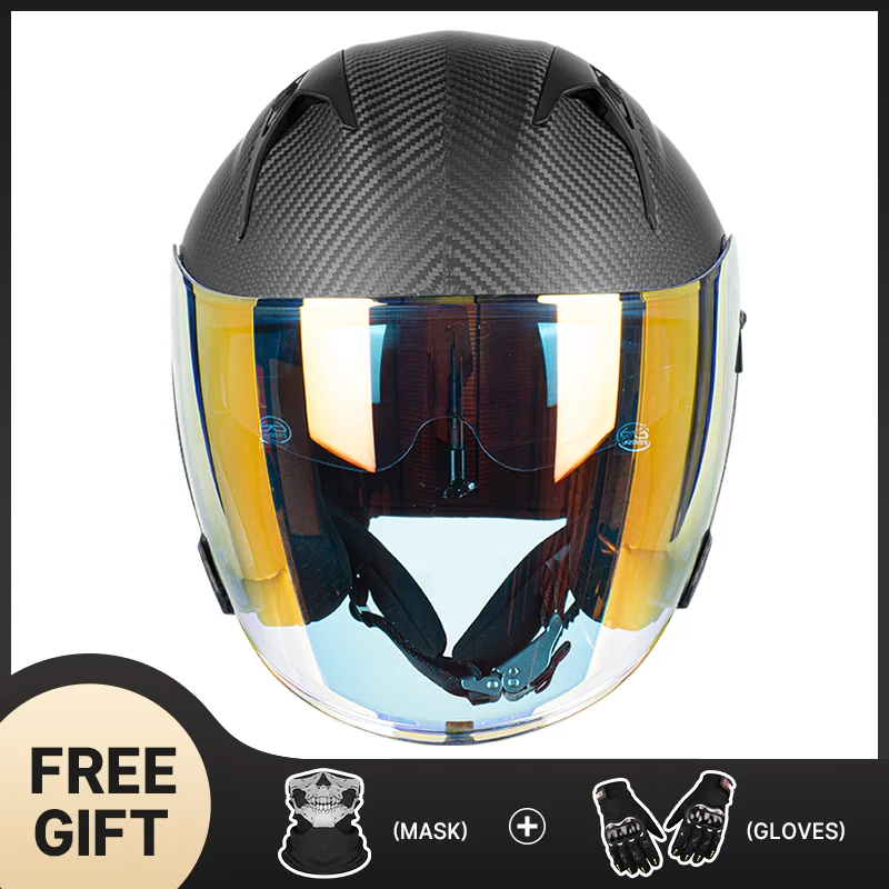 

Стильный и прочный мотоциклетный шлем 3/4 Jet из углеродного волокна ECE с красочными линзами и съемной моющейся удобной подкладкой.