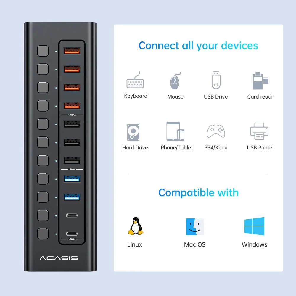 Imagem -02 - Acasis-estação de Dock Multi Divisor Usb Hub tipo c 11 Portas Usb-c Porta de Carregamento Hub Usb Switch Individual para pc Laptop