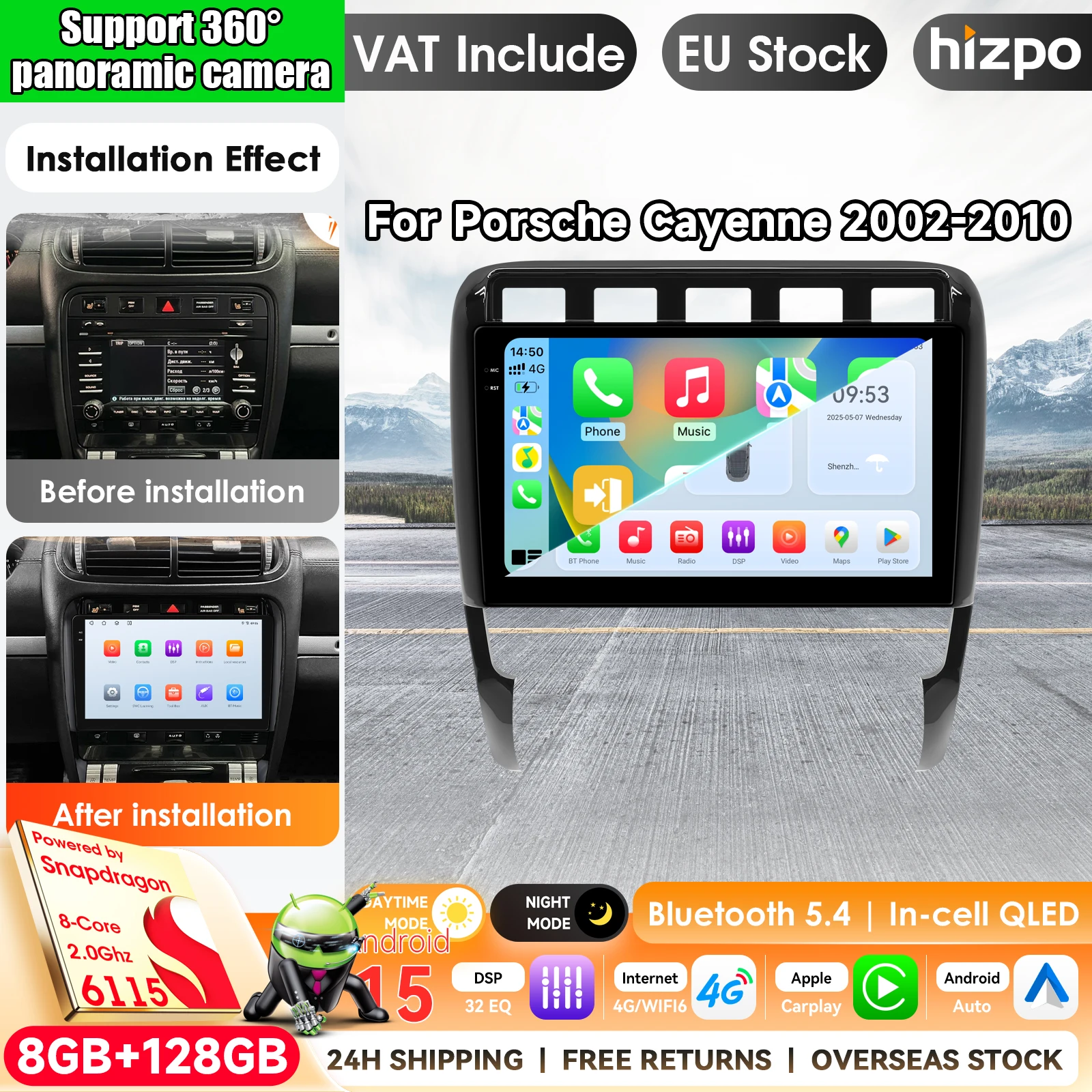 Hizpo Android 15 Autoradio Multimedia-Videoplayer mit WLAN für Porsche Cayenne 957/955 2002 - 2010, Headunit GPS Autoradio Carplay BT Stereo Autoradio Navigation GPS Auto KI-Intelligente Systeme