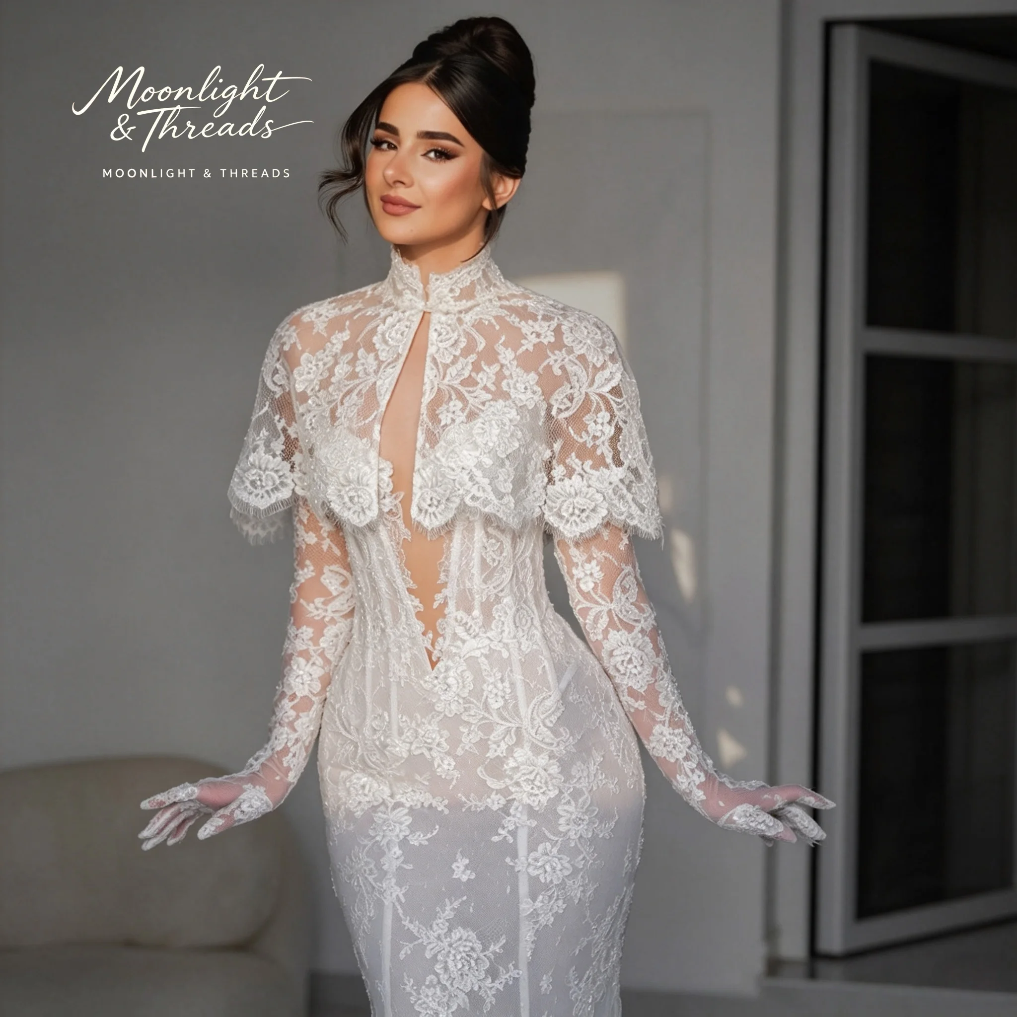 Vintage High Neck Lace Bridal Gown Detachable Lace Capelet And Gloves Deep V Corset Floral Lace Mermaid Formal Wedding Dress