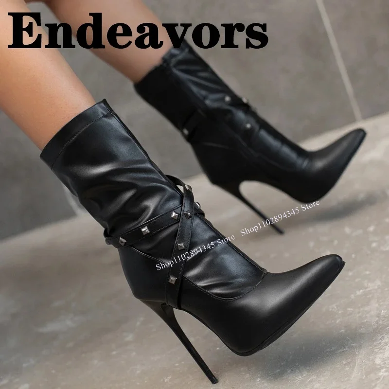 

Black Rivet Mid Calf Boots Thin High Heel Pointed Toe Fashionable Sexy Cool Summer Casual Big Size Woman Shoes Zapatillas Mujer